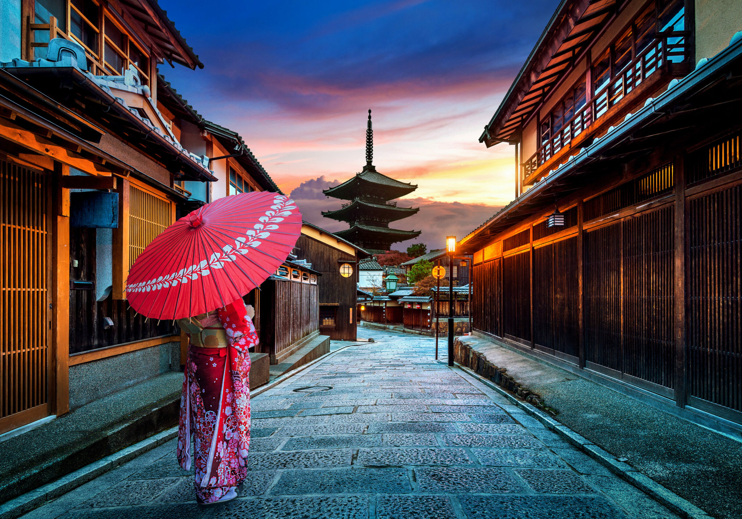 Asian woman wearing japanese traditional kimono at Yasaka Pagoda Asian woman wearing japanese traditional kimono at Yasaka Pagoda and Sannen Zaka Street in Kyoto, Japan.